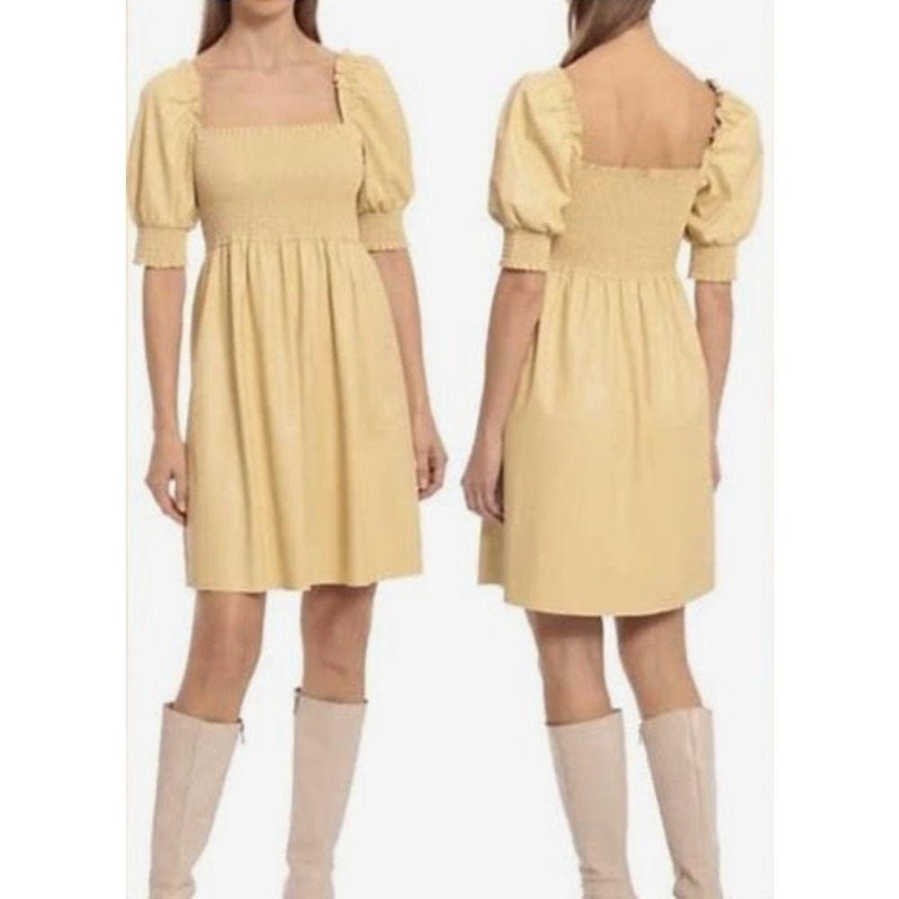 7 For All Mankind Womens Faux Leather Dress Size L‎ Yellow Smocked Vintage Y2K
